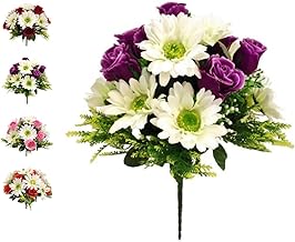 Artificial Rose & Gerbera Daisy Grave Flowers – 32cm UV Resistant, Weatherproof Cemetery Bouquet – Realistic Memorial Floral Display - Indoor / Outdoor - 4 Colour Options (Purple & Ivory)