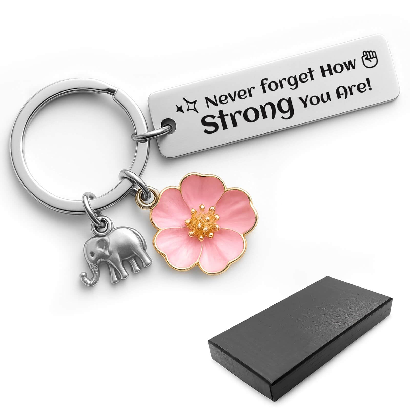 Bluradio Inspirational Keychain for Women, Motivational Gift “Never Forget How Strong You Are” Stainless Steel Keychain with Elephant & Flower Charms, Birthday Gifts for Women, Mom, Best Friend