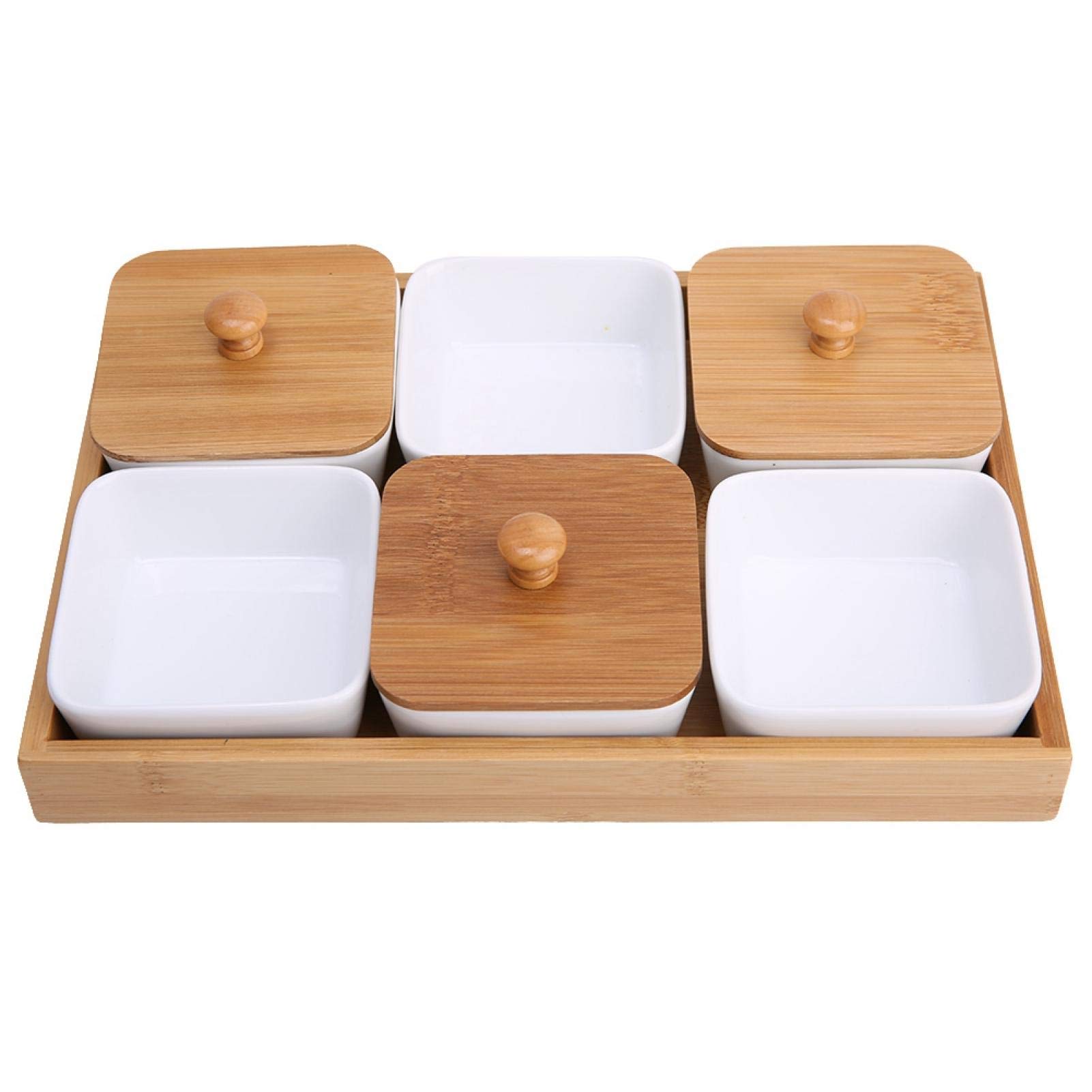 Ceramic Divided Serving Dishes, Ceramic Condiments Tray with Lids and Bamboo Platter, 6 Removable Appetizer Serving Bowls Relish Tray for Chips Fruits Candy
