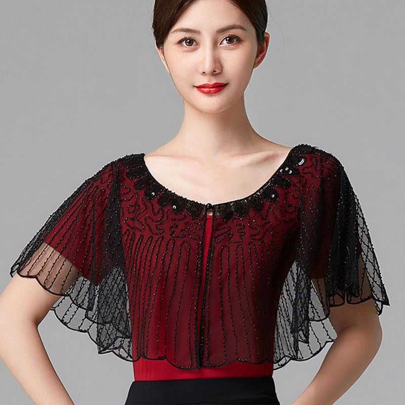 1Pcs Fashion Classic Lightweight Black Vintage Flapper Shawl Ruffles Beaded Embroidery Cape Sparkling Sequins Wrap for Dress Accessories3