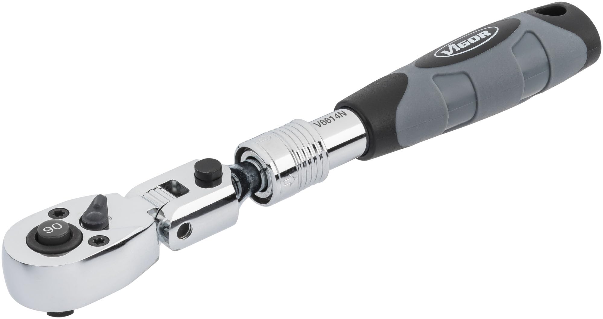 Vigor carraca telescópica articulada reversible V6614N, cuadradillo de 1/4 de pulgada, extensible de 175-225 mm, cabeza giratoria 180 grados, ángulo de operación de 4 grados