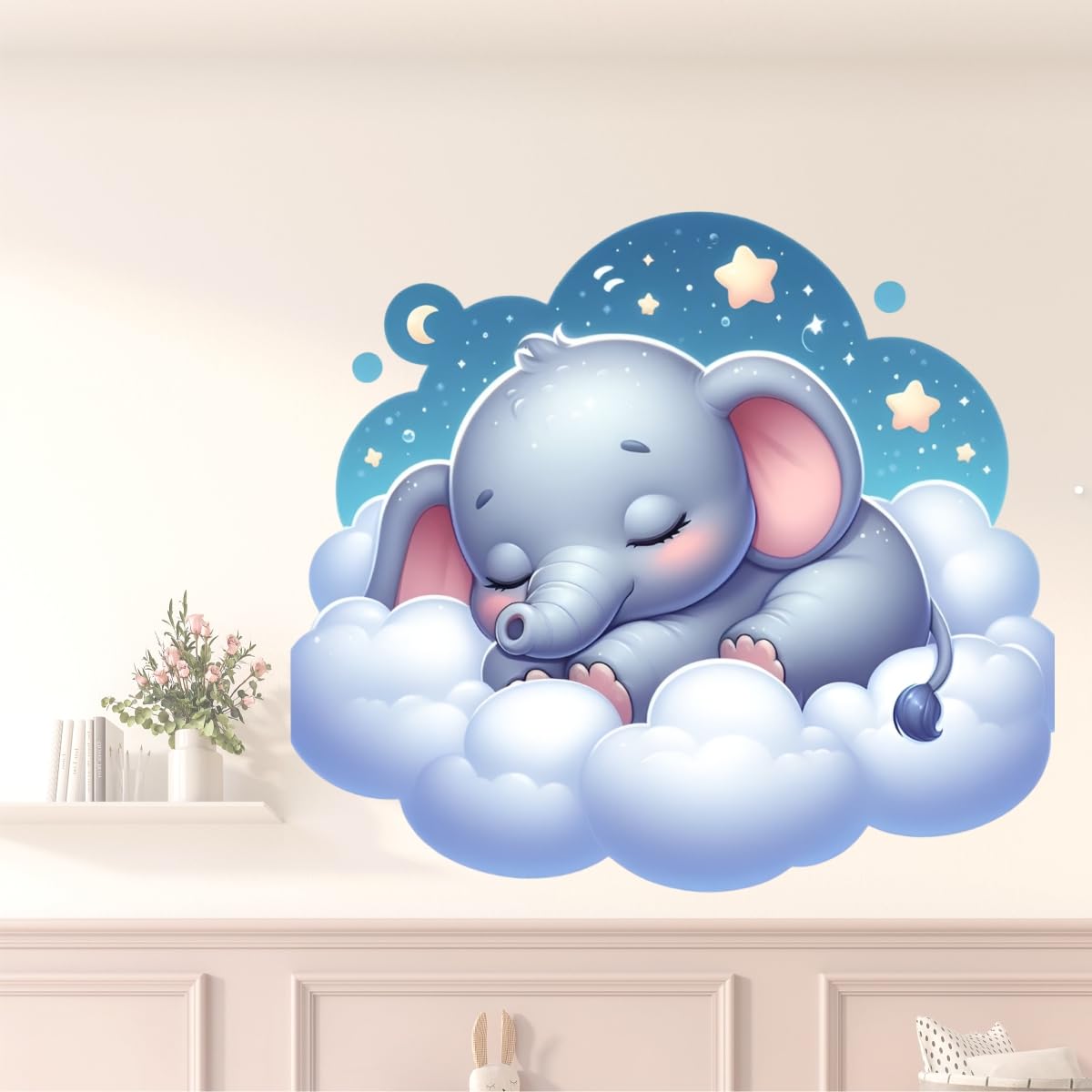 Sleeping Baby Elephant Wall Sticker (60 x 55 CM) | Cute Elephant on Clouds with Moon & Stars Self Adhesive PVC Vinyl Wall Decal | Waterproof Peel & Stick Wall Decor for Nursery, Kids Bedroom-image-19