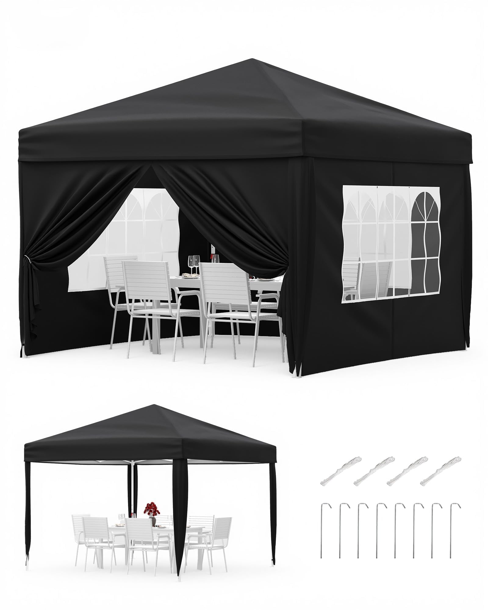 Garvee Pop Up Gazebo with 4 Sidewalls, 3m x 3m Marquee Party Tent with 4 Stakes, 4 Ropes, 4 Sandbags & Wheeled Bag, Waterproof Canopy Tent with 3 Height Adjustable Levels for Camping Wedding - Black