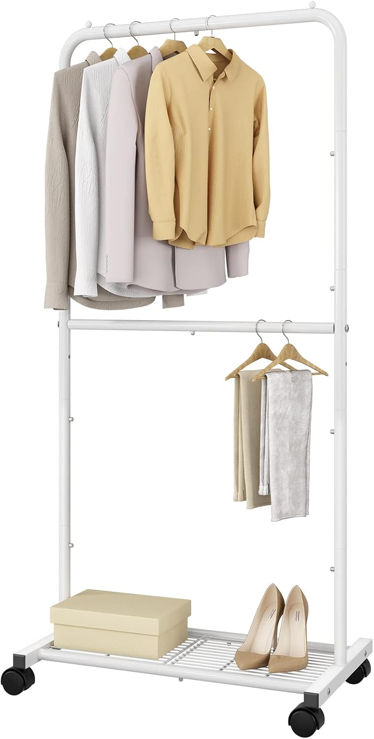 Simple Trending-Double Rod Clothing Garment Rack, Rolling Clothes Organizer on Wheels for Hanging Clothes, White
