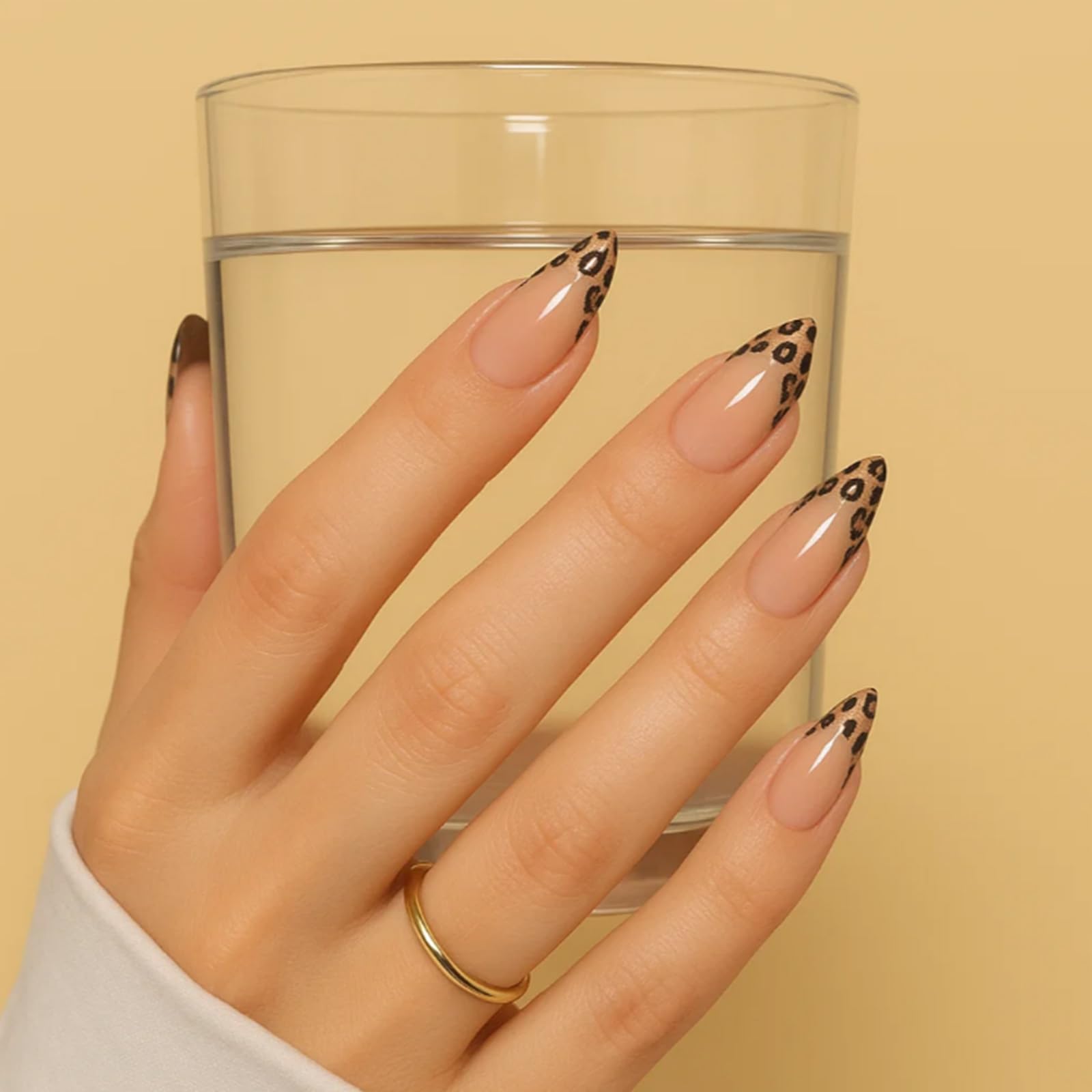 Long Coffin-Shaped French Edge Press on Nails with Glossy Nude Base and Leopard Print Tips - Image 2
