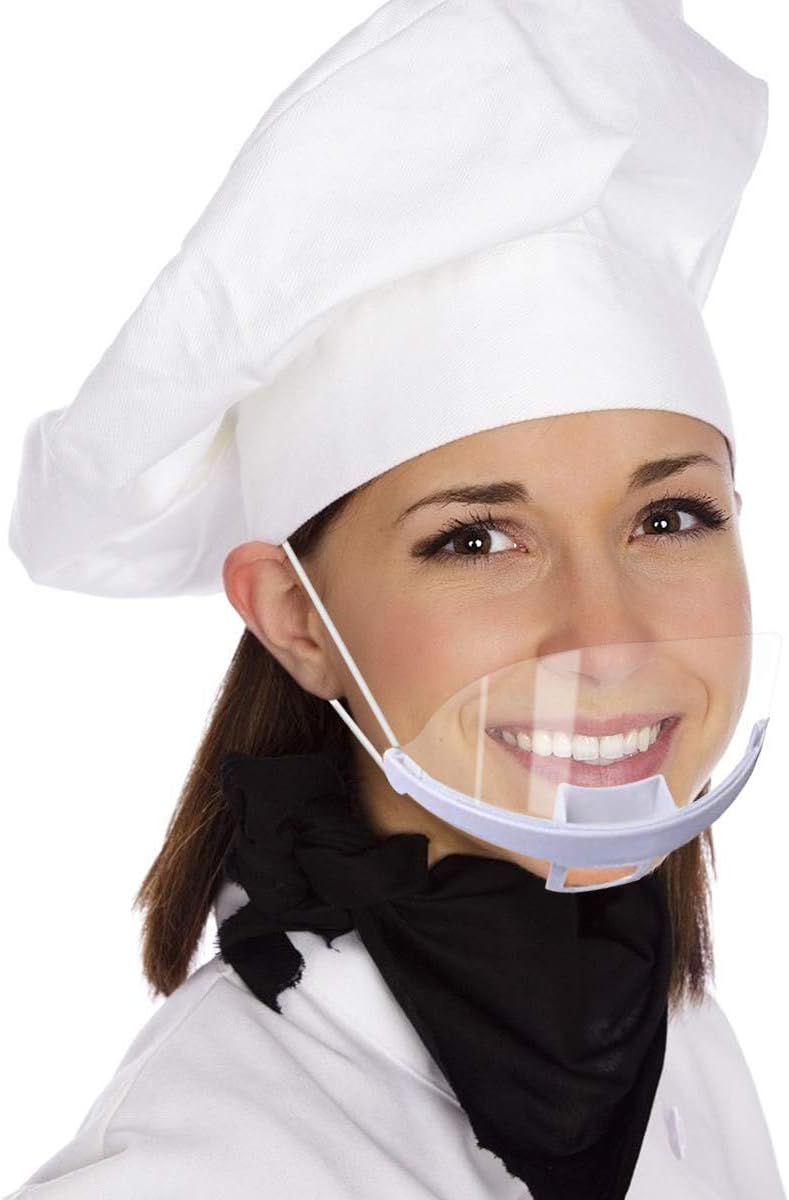 DELFINO 10 PCS Face Mouth Protection Transparent Plastic Cover with Adjustable Elastic Band, Anti-Fog for Hotel Kitchen Restaurant Supply Easy to Clean