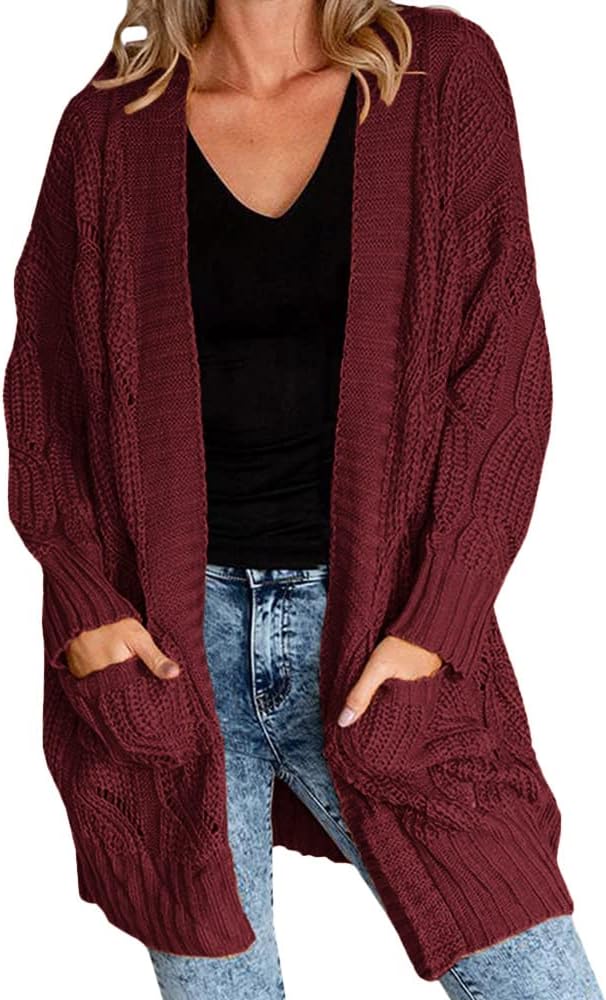 Miladusa Women's Cardigan Sweaters Long Sleeve Plus Size Solid Cable Knit Open Front Outerwear with Pockets