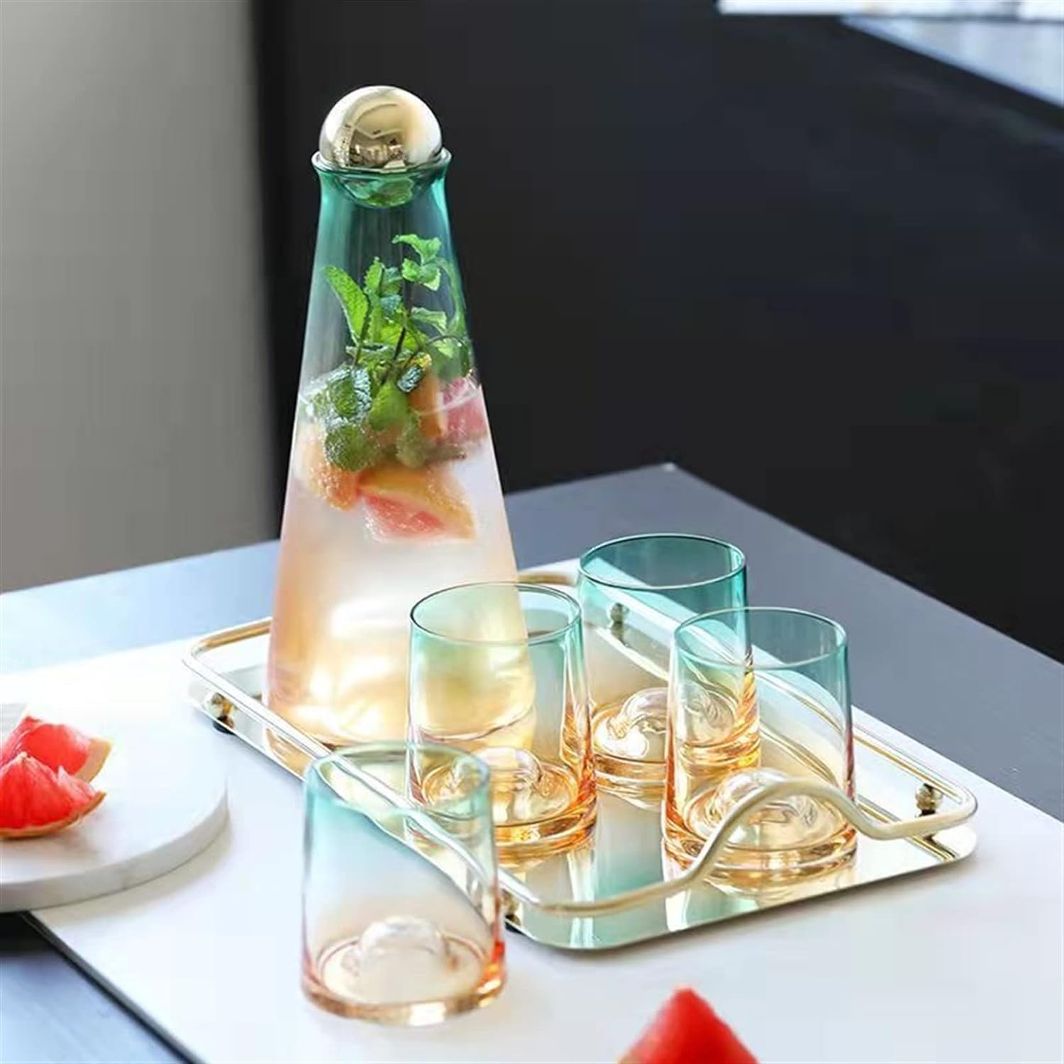 Wasserkaraffe 1-Liter-Wasserkrug, Farbverlaufsglas-Wasserkrug, Wasserflaschen-Wasserkocher-Set mit 270-ml-Tassen*2, Eistee-Krug für Kaffee/Saft Getränkespender
