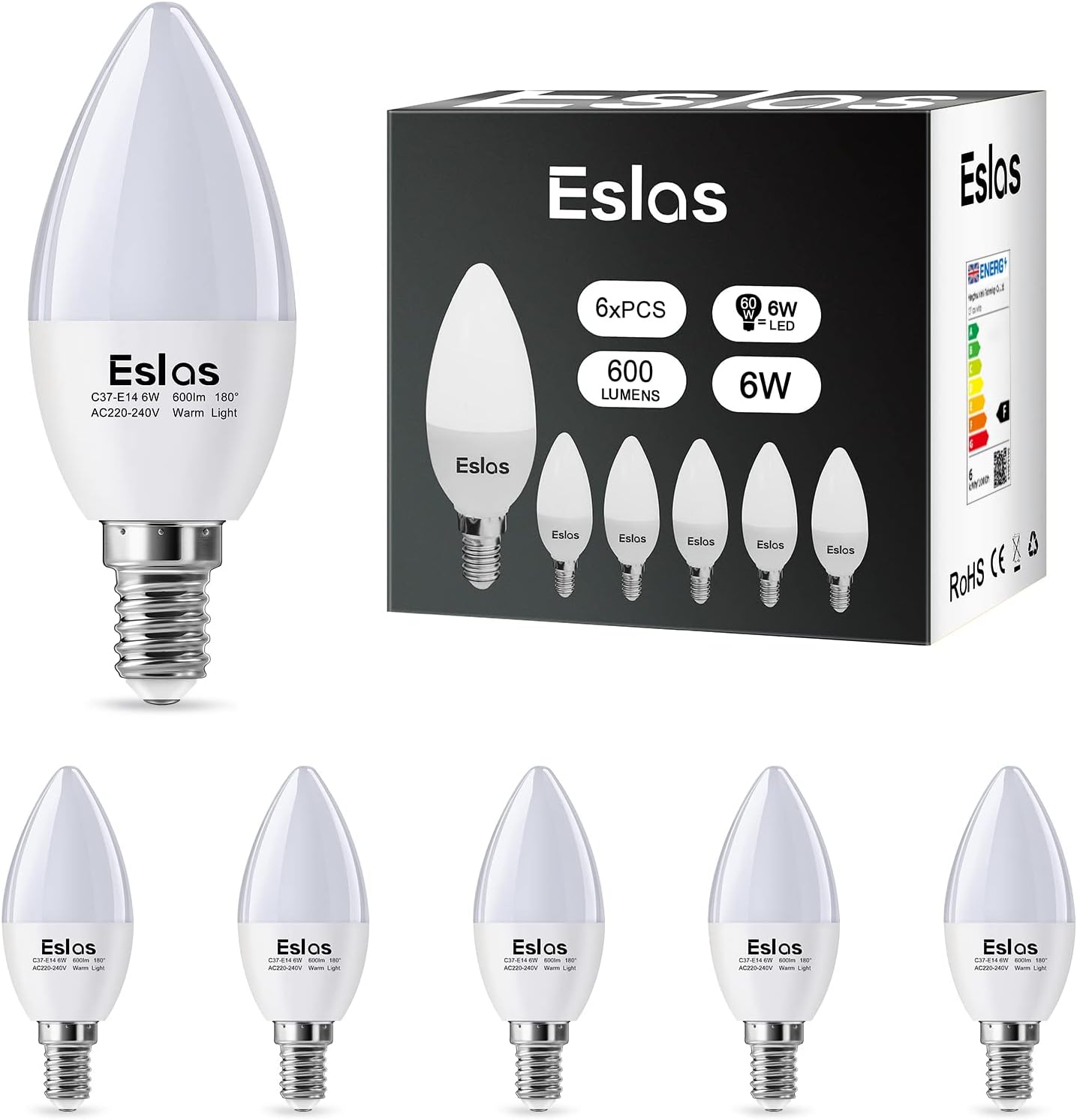 E14 LED Light Bulb, 6W E14 LED Candle Light Bulb, Warm White 3000K,C37 600lm, SES Small Edison Screw Candle Light Bulbs, 60 Watt Equivalent, Non-Dimmable, Pack of 6