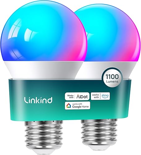 Linkind Bombillas inteligentes, bombilla inteligente de 1100 lm (equivalente a 75 W), funciona con Alexa y Google Home, bombillas RGB que cambian de