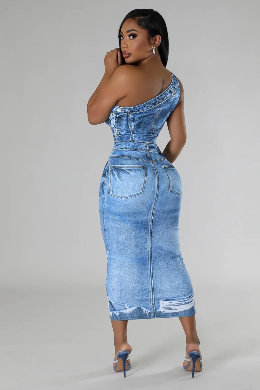 Women's Casual Dress One Shoulder Denim Print Bodycon Midi Dress Backless Split Hem Summer for Party Night Out & Date Night (Blue M)