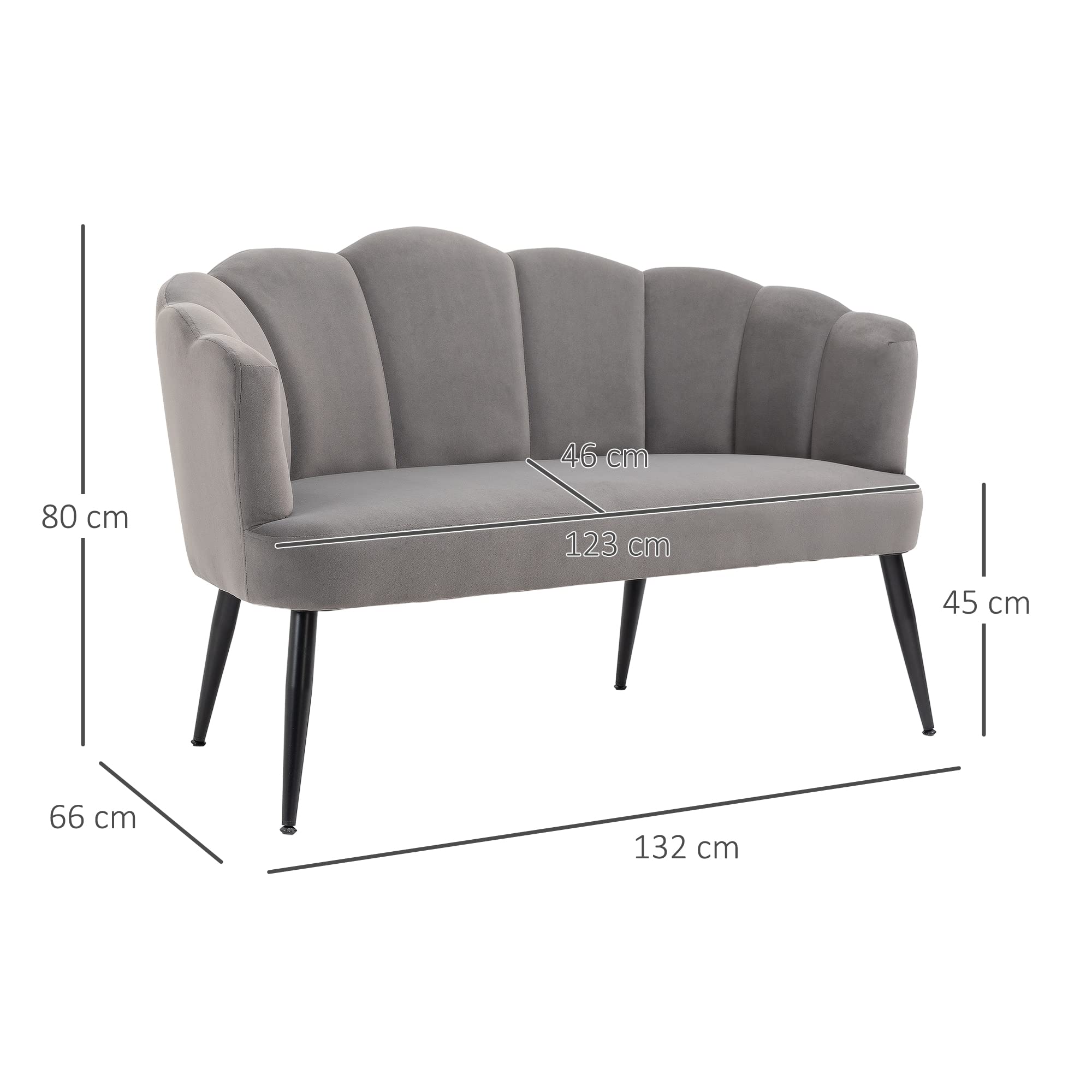 HOMCOM Divano 2 Posti in Velluto, Divano a Conchiglia, Divanetto da Salotto, con Gambe in Metallo, Stile Moderno, Elegante, da Soggiorno, 132x66x80cm, Grigio