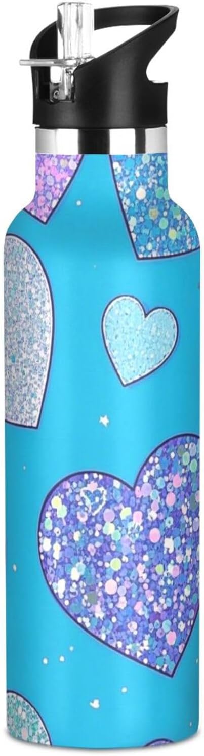 Botella de agua reutilizable ligera con diseño de corazón de dibujos animados con purpurina falsa y popote que mantiene el calor y el frío para