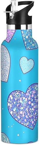 Botella de agua reutilizable ligera con diseño de corazón de dibujos animados con purpurina falsa y popote que mantiene el calor y el frío para
