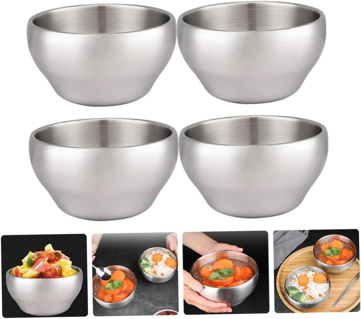 Cabilock 4Pcs Double Layer Stainless Steel Rice Bowls Insulated Soup Bowls for Instant Noodles Space Saving Design for Home Restaurant Use