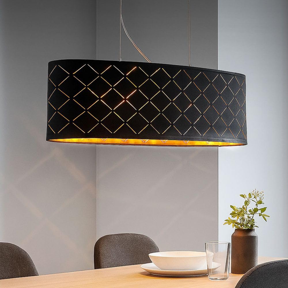 Deckenleuchte Lampe Wohnzimmer hängend schwarz gold Wohnzimmer hängend Hängelampe Esstisch, 3 Flammig Stanzungen, Metall Textil, 3x LED 7W 806Lm 2700K, LxBxH 65x25x140 cm