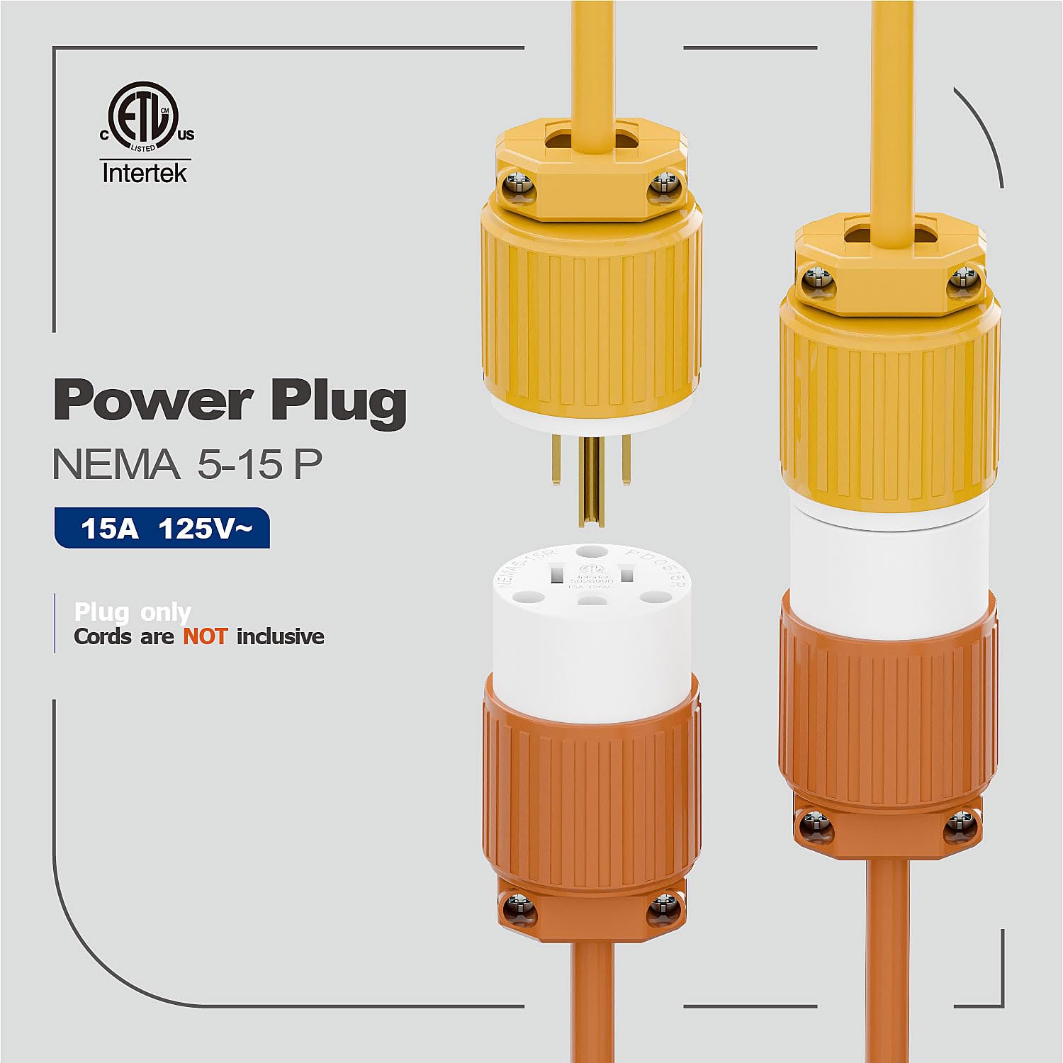 Nema 5-15P Plug, 15 Amp 125 Volt Replacement Plug, Rewirable Male Connector with Screw Terminal & Strain Relief - Heavy Duty Contractor Grade for Extension Cords, DIY Power Cords,5(Pack) Yellow+White