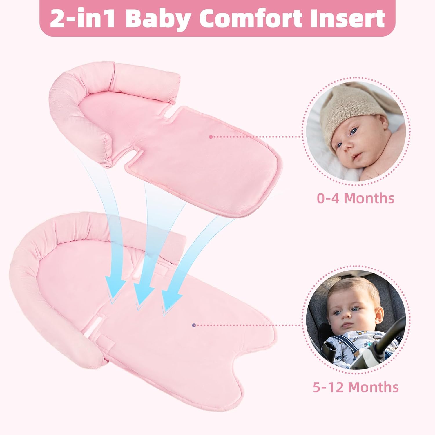 Infant Car Seat Insert, Baby Car Seat Strap Covers,Car Seat Head Support for Baby Girls Boys, 2 in 1 Breathable Air Mesh Car Seat Insert for Newborns, Double-Sided Reversible, for Infants Aged 0-12