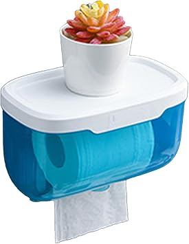 Enclosed Toilet Paper Holder with Cover, Wall Mounted Clear Plastic Tissue Box, Waterproof Pet Proof Toilet Roll Protector for Cats, Also Holds Phone & Wipes Bathroom Organizer Blue