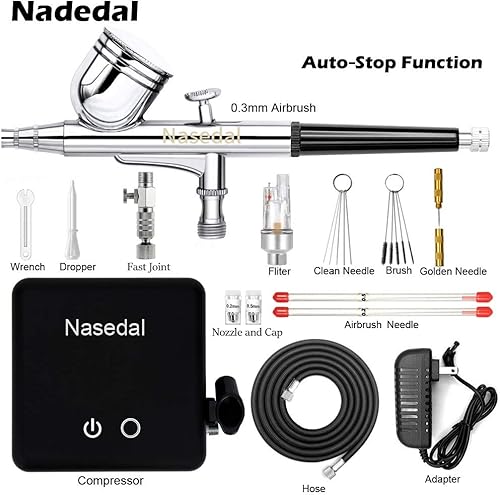 Miniatura 9 de Nasedal Kit de aerógrafo con compresor de aire de parada automática de 0.012 in Pistola de cepillo de aire de doble acción para pintura modelo,