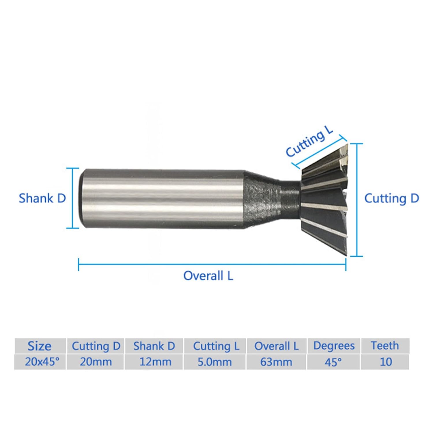 1pcs HSS Double-Edged Dovetail Cutter Straight Shank End Mill 45 Degrees Dovetail Groove Milling Cutter 16mm 20mm Cutting Diameter Carbide Milling Cutter Metal End Mill(20mm)