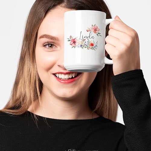 Vista 24 de Taza de cerámica blanca con monograma de letra inicial personalizada, alfabeto floral, nombre personalizado y inicial A-Z, taza de café de 11 onzas