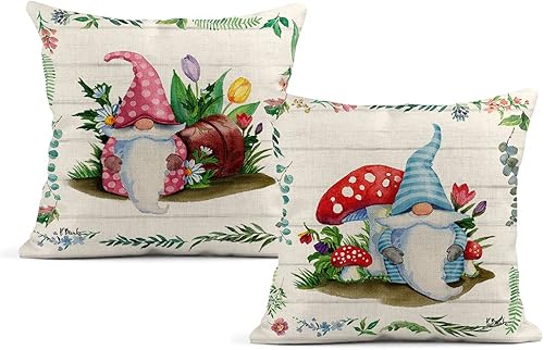 Juego de 2 fundas de almohada de lino de 18 x 18 pulgadas, diseño de gnomo de primavera, flores de jardín, fundas cuadradas para decoración del
