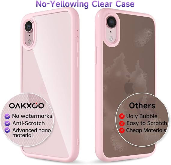 oakxco Thin Slim Clear case for iPhone XR, Transparent Hybrid Hard Shell Plastic & Soft Silicone Rubber Bumper, Non-Yellow Acrylic Protective Lightweight Cover for Women, Light Pink
