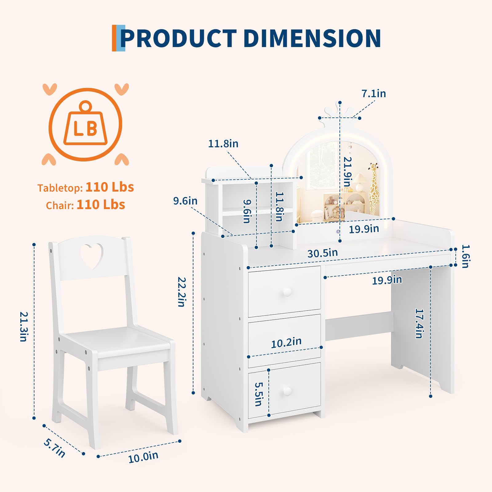 Garvee 2-in-1 Kinder Schminktisch Set – Weißer Holz Frisiertisch mit Spiegel & Beleuchtung, Hocker, 3 Schubladen, Abnehmbarer Aufsatz – Farbe: White