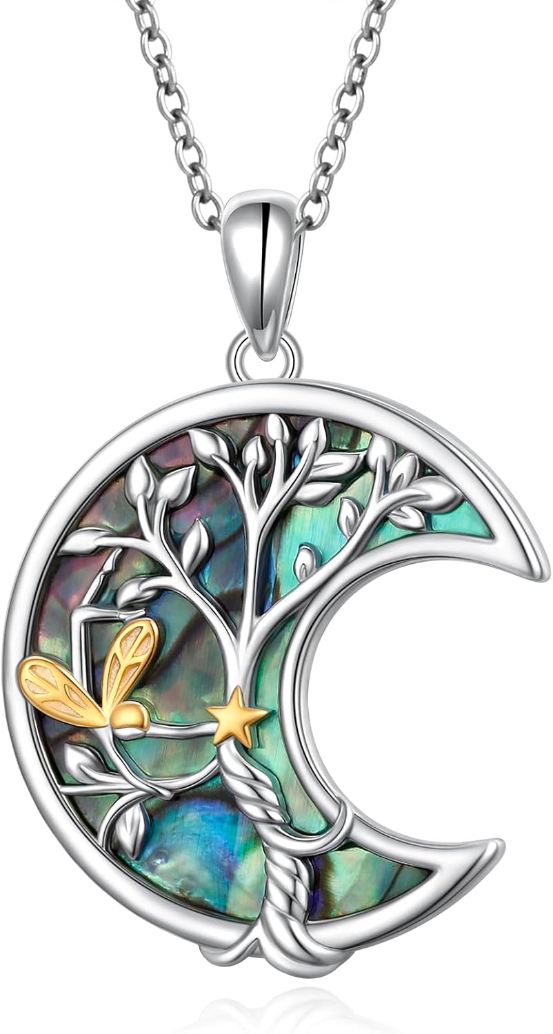 925 Sterling Silver Fairy Abalone Shell Pendant Necklace Tree of Life Moon Necklace Jewelry Gifts for Women