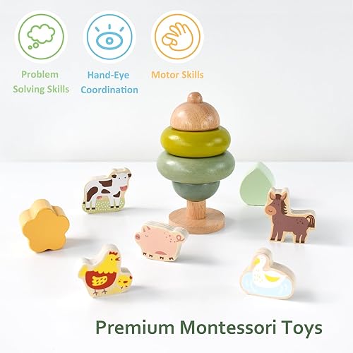 Miniatura 2 de PairPear Juego de juguetes de madera Montessori 3 en 1, cubo clasificador de formas, rompecabezas de árboles apilables y animales de granja