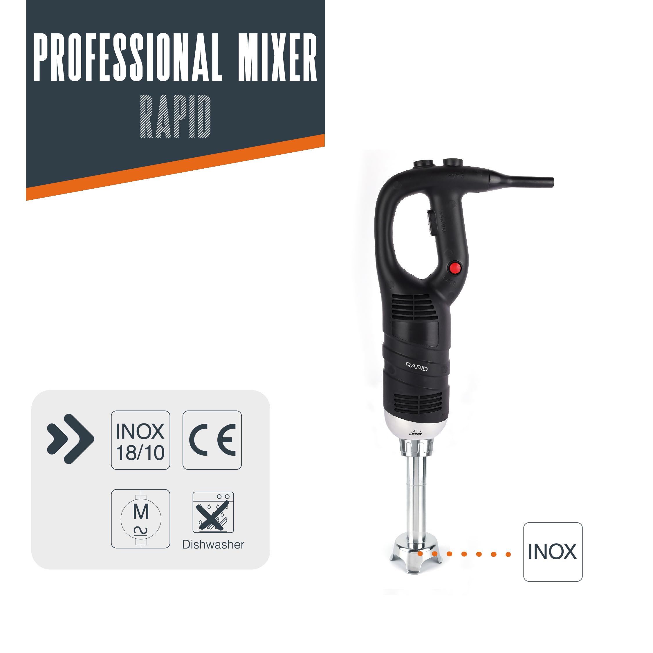 Lacor - 69905 - Frusta Rapida Professionale, con Braccio Frantoio Intercambiabile, Serie 450 W, Velocità 6.000-20.000 giri/min, Acciaio Inox, Capacità 30 L, 25 cm