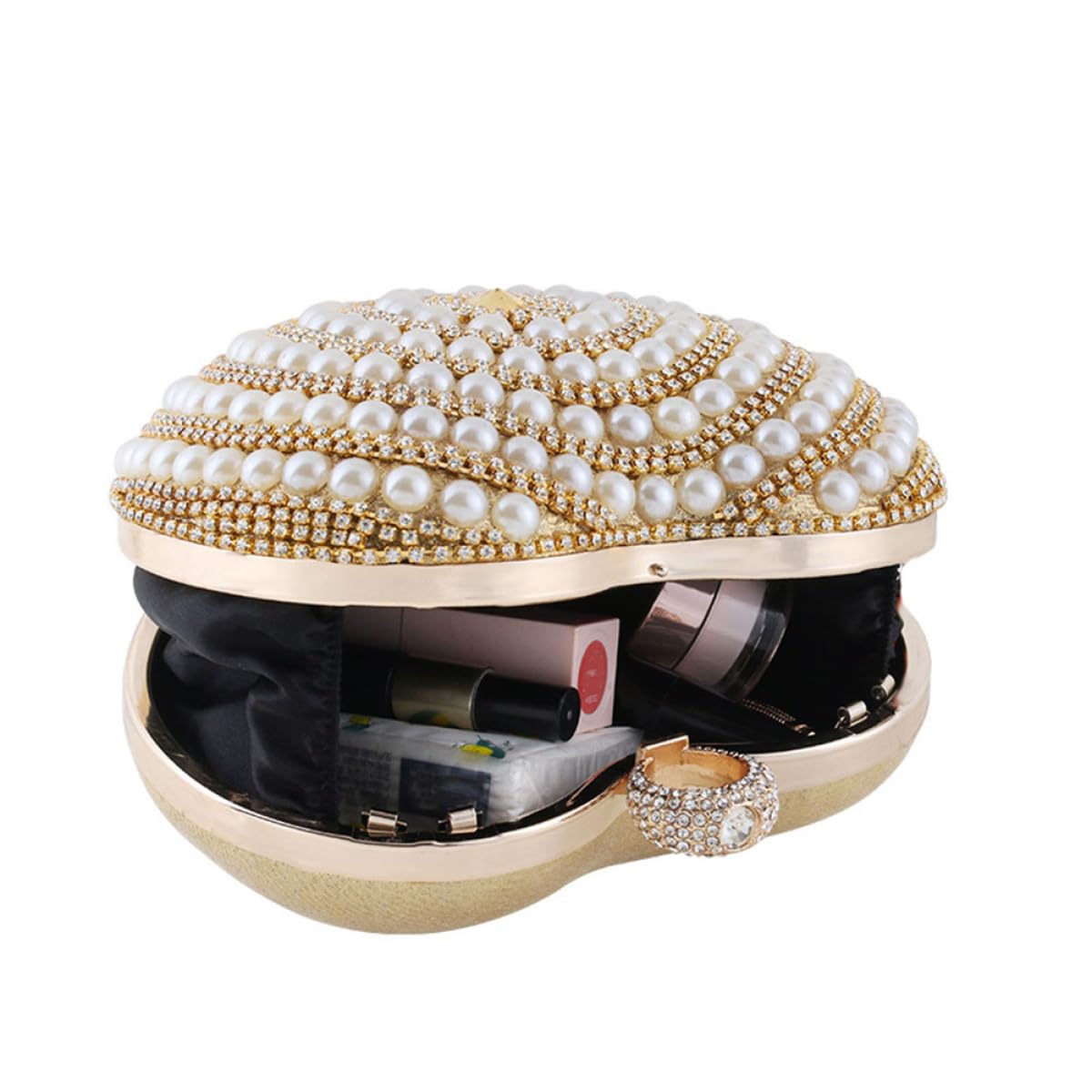 Borsa da Sera Elegante a Forma di Cuore in Poliestere e Metallo Oro Decorata per Matrimonio e Feste, Borsetta da Donna Piccola e Raffinata