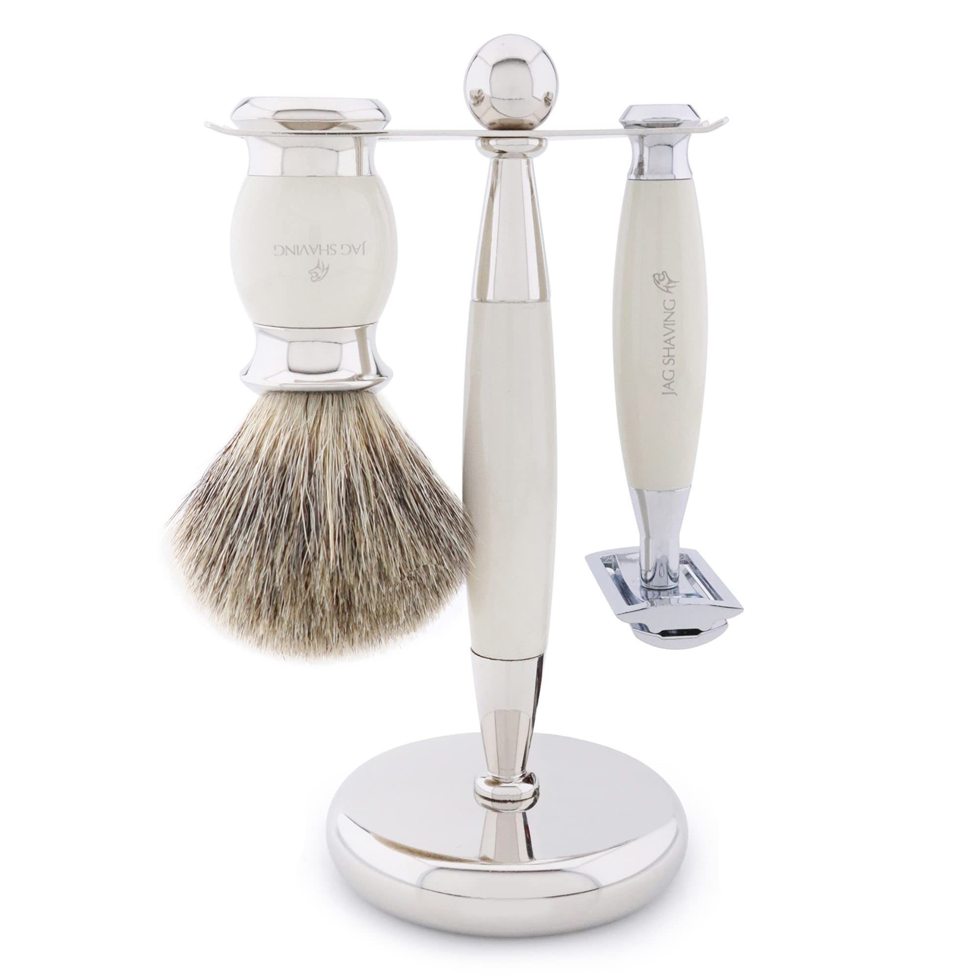 Jag Shaving Zestaw do golenia – 5-częściowy zestaw do golenia – JAG's LEE Range – super pędzel do golenia z włosia borsuka – podwójne ostrza do golenia – miska do golenia – stojak do golenia –