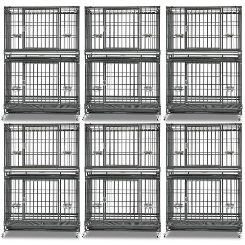 Homey Pet Two Tiers 37 Inch Dog Crate Cage Kennel with Feeding Bowls, Lockable Wheels and Removable Tray, Escape Proof Metal Wire Heavy Duty Dog Crates for Medium/Small Sized Dogs (6 Pack)