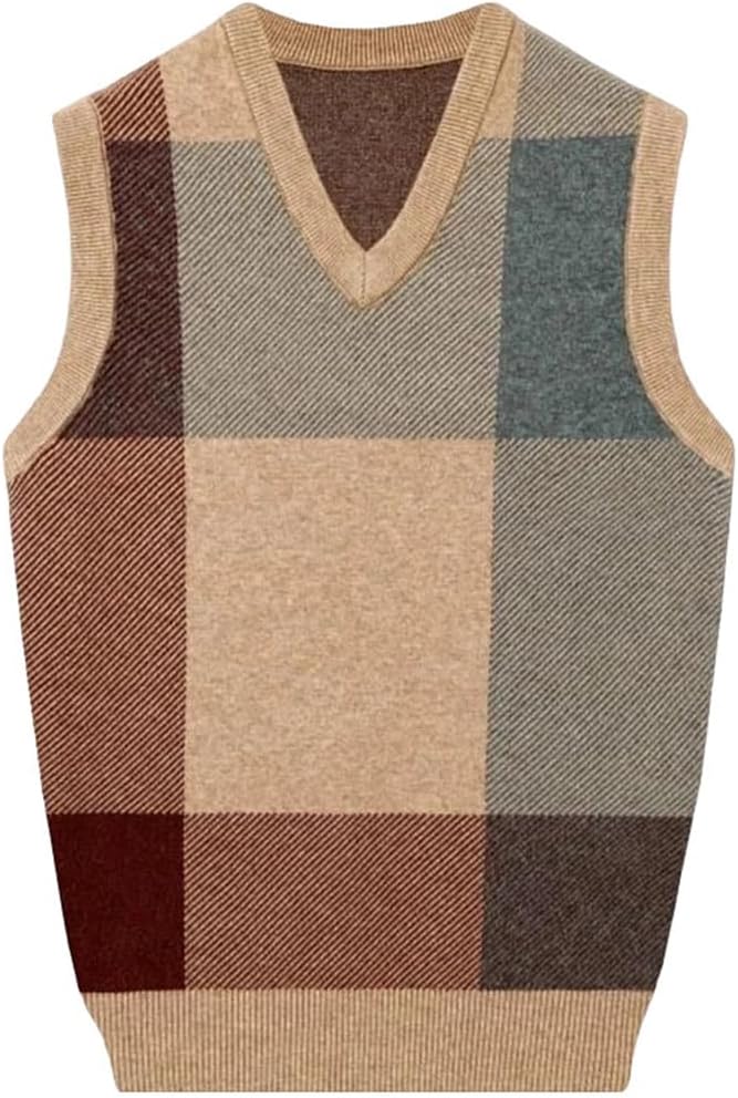 Men's Sweater Vest V-Neck Warm Plaid Sleeveless Pullover for Daily Versatile Wear Thick Jumper