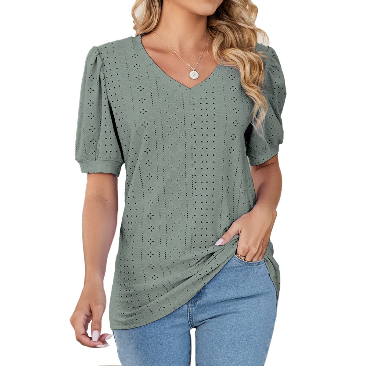 DURINM Camisetas Mujer Manga Corta Cuello en V Camiseta Basica Mujer Verano Mangas Cortas Camiseta Elegante Blusas Casual T-Shirt Basica