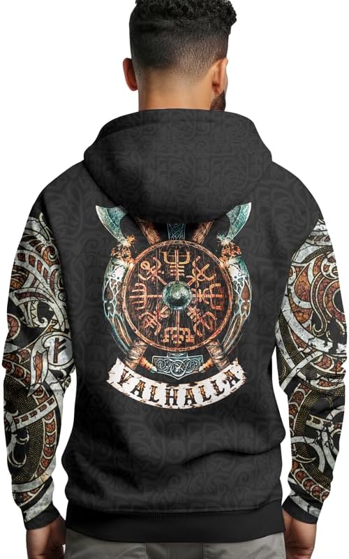 Viking Tatoo Hoodie Men’s Long Sleeve Graphic 3D Print Pullover Hooded Viking Apparel Sweashirt Hoodies