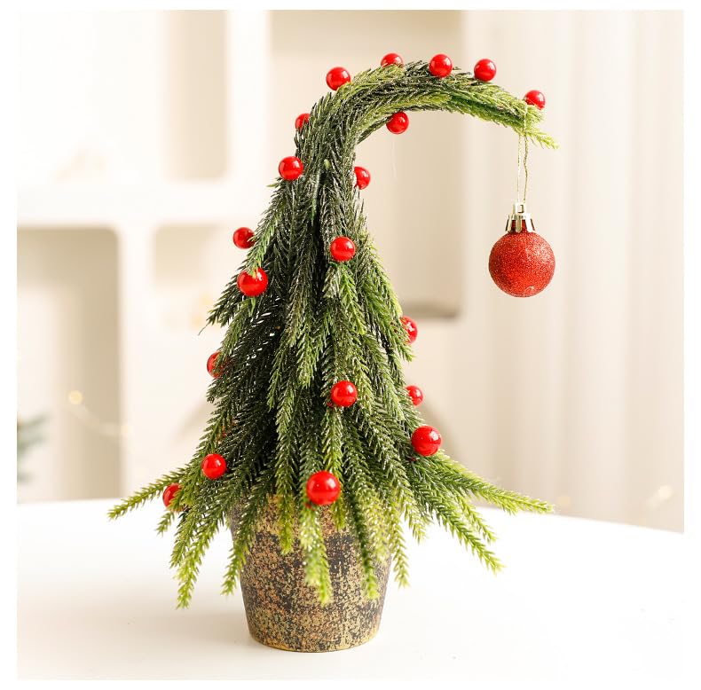 Cute Wry-necked Christmas Tree Table Ornament Mini Christmas Tree with Red Berries Christmas Decorations Indoor (small, 14x25cm)