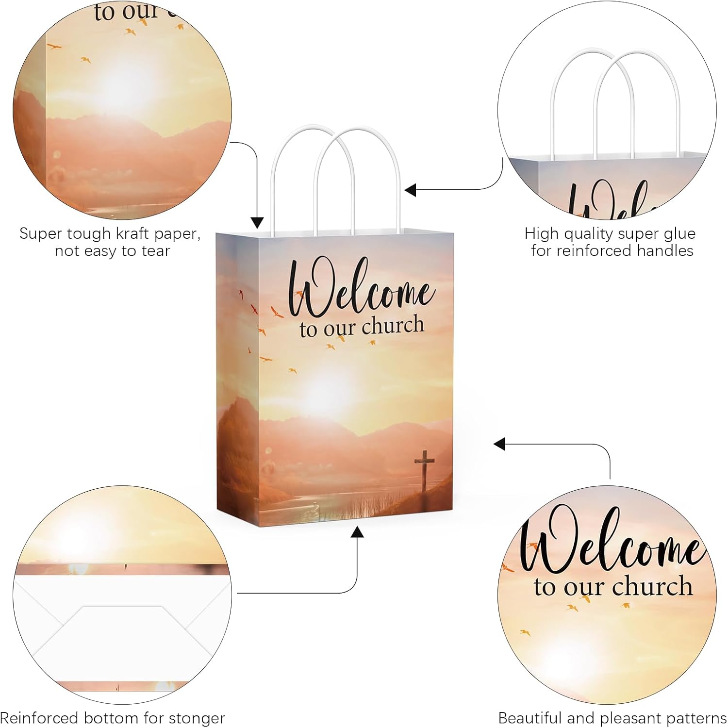 QIELSER 50 Pcs Church Welcome Bags Bulks 5.9x3.1x8.3 Inches, Small Size Welcome Gift Bags with Handles Welcome to Our Church Paper Bags for Hotel, Birthday, Party Favor Supplies, Baptism Guest