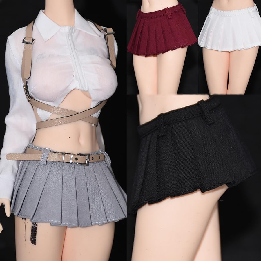 Vêtements figurine 1/6 anti-transfert de couleur : mini jupe vin rouge et haut blanc