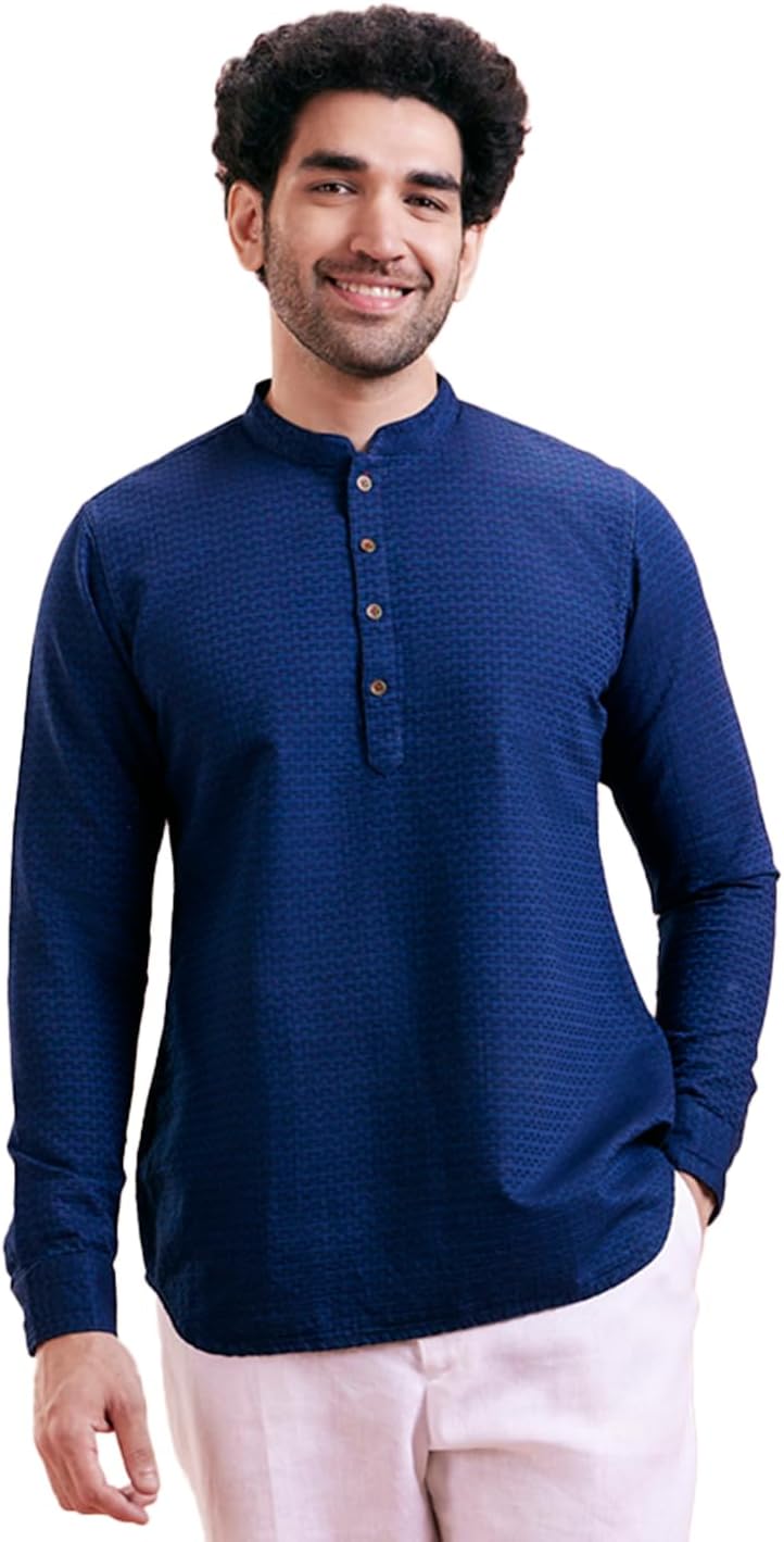 KISAH Mens Denim Shirt – Mandarin Collared Shirt - Regular Fit, Full Sleeve Short Kurta – Everyday Wear for Men
