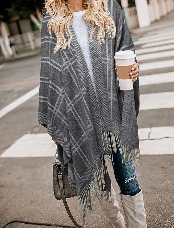 Image of LittleMax Women's Shawl Wraps, Fall Clothes Open Front Boho Cardigan Plaid Knitted Sweater