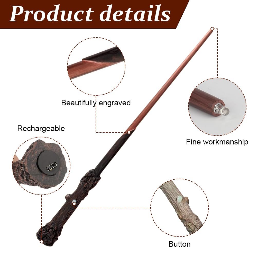 Baguette Harry Lumineuse, 35CM Baguette Magique Harry avec Noyau Acier, Réplique De Baguette en Résine, USB BaguetteHarry Boîte Cadeau vec Carte de Sort, Ticket de Station et Collier