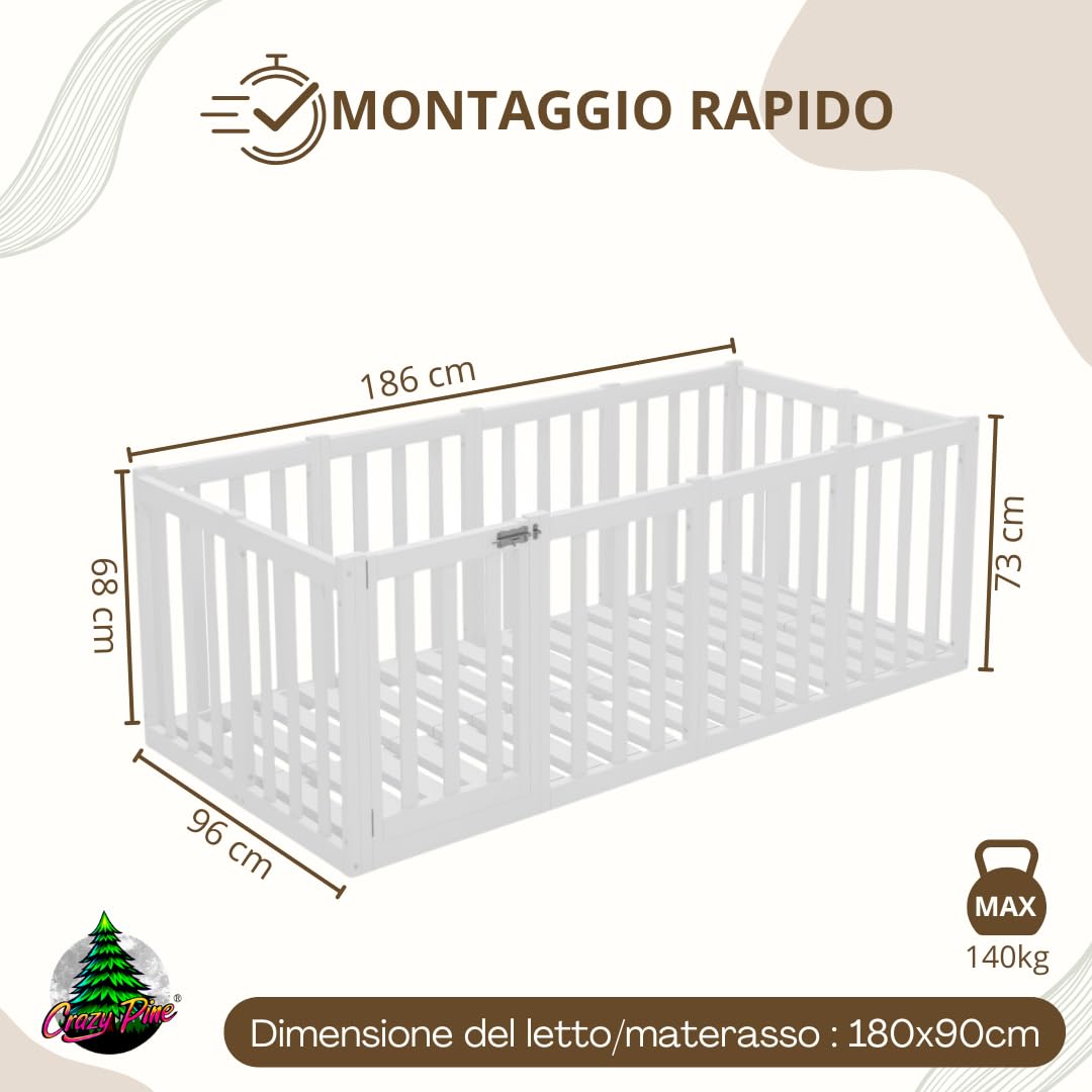 Letto per Bambini 180x90 cm – Letto Montessori a Pavimento con Alta Barriera di 73 cm Rimovibile – Legno Bianco con Superficie Liscia – Perfetto per Bambini e Bambine Crazy John