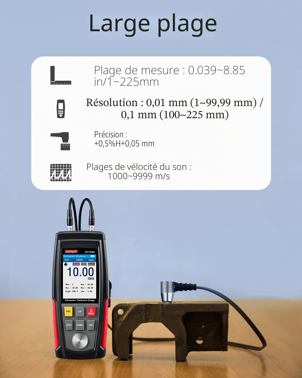 Wintact Enregistreur de données de compteur d'épaisseur à ultrasons numérique haute résolution de 0,001 pouce pour plaque de cuivre en métal en aluminium en acier, ultrasonique portable