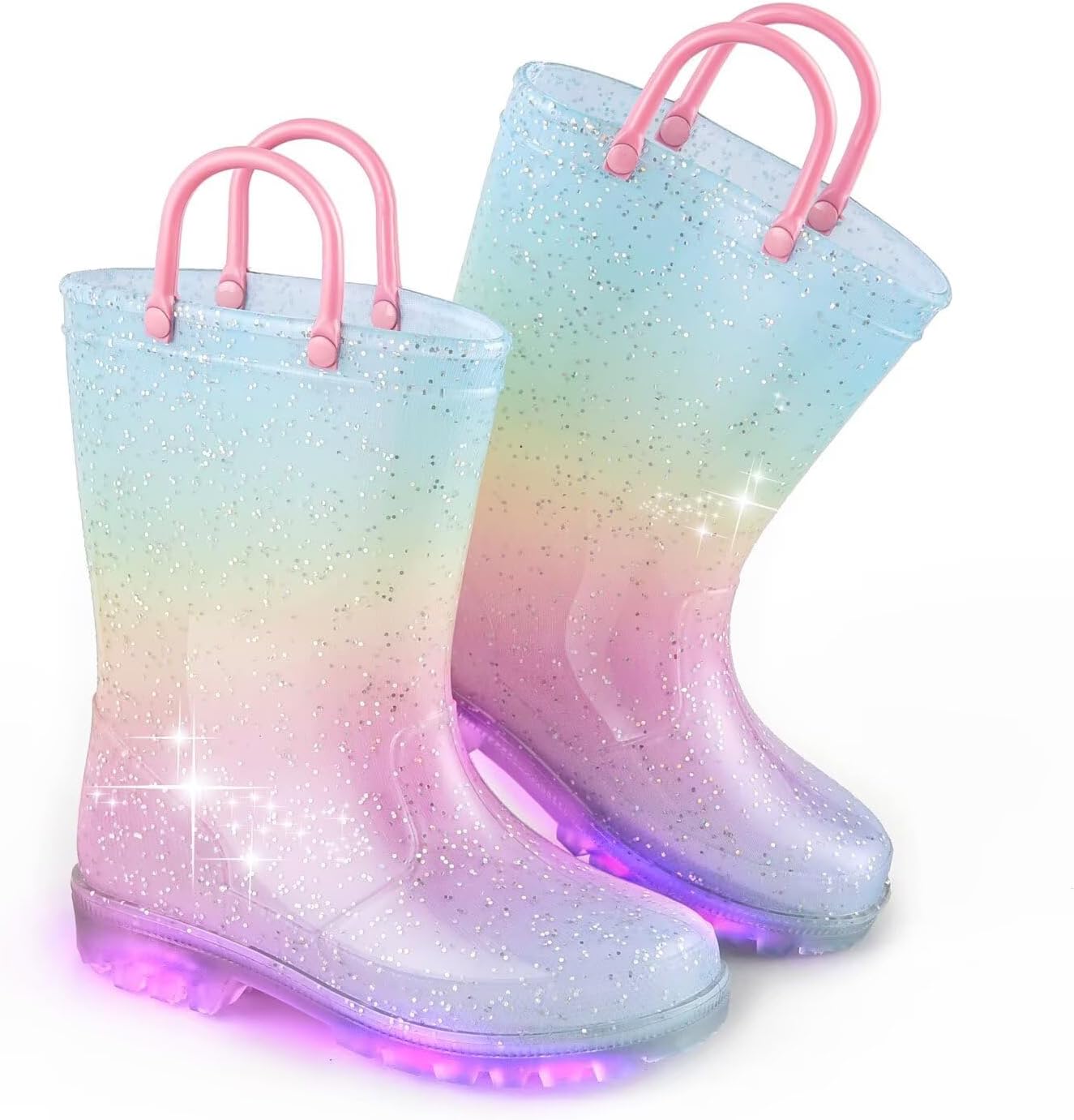 EUXTERPA Girls Glitter Light Up Waterproof Rain Boots Toddler Kids Rainbow Boots with Easy On Handles