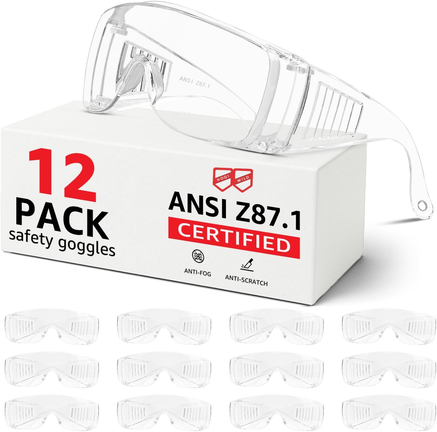 Safety Glasses Over Eyeglasses 12Pack, Anti-scratch Safety Goggles, Anti-fog Lab Goggles Over Glasses, Ansi Z87.1 safety glasses for men&women, Clear goggles for construction, shooting