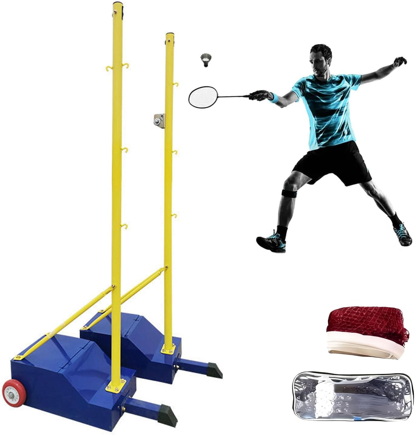 2-in-1 Soft Volleyball/Badminton Poles with Easy-Move Wheels | Adjustable Height (5ft-6.9ft) | Anti-Sag Net Design | Portable for Backyard, Beach, Outdoor & Indoor Use | Includes Both Nets