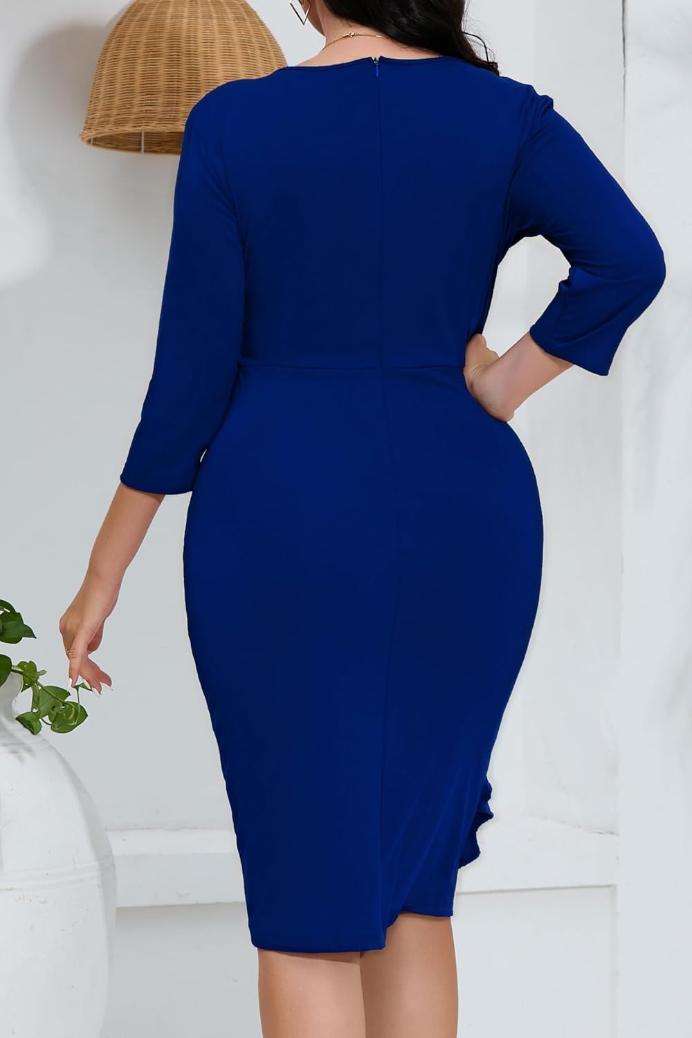 Plus Size Dresses for Curvy Women 3/4 Sleeve Bodycon Ruffle Midi Pencil Dress - Image 3
